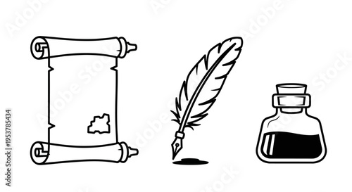 Vintage writing feather and ink bottle.