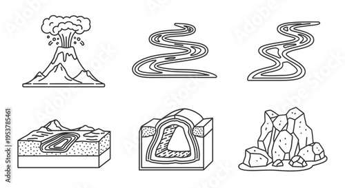 Volcano and lava flow illustrations.