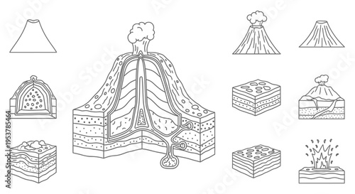 Volcano geological formation eruption illustrations.