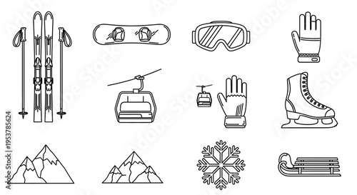 Winter sports equipment and accessories icons.