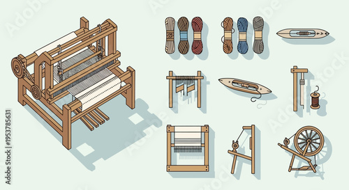 Wooden loom and weaving tools set.