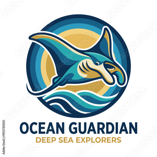 A vibrant manta ray logo soaring above ocean waves symbolizes exploration and conservation, showcasing dynamic movement and creativity within an eye-catching design.
