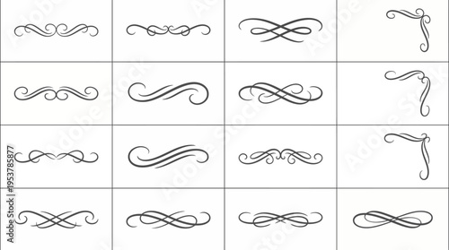 Elegant and detailed decorative design elements displayed in a grid, featuring graceful curls and flourishes