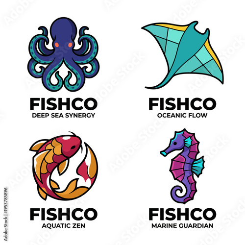 A vibrant logo series showcases four unique aquatic designs representing synergy, flow, tranquility, and marine guardianship in colorful artistic styles, suitable for ocean-related brands.