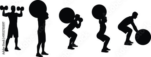 Set of male athlete silhouettes performing weightlifting exercises including squats overhead press and ball slams isolated on white background vector