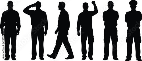 Set of male silhouettes in military uniform showing various poses including saluting walking celebrating and standing isolated on white background