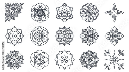Collection of elegant geometric mandala patterns in black and white. These designs are perfect for decoration and creative project
