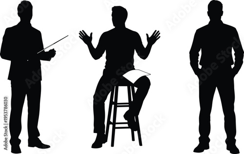 Set of male silhouettes including a teacher with pointer a man sitting on a stool and a confident standing professional