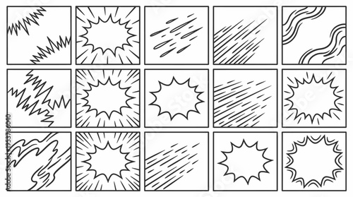 A collection of diverse comic book panels, showcasing various artistic effects for dynamic storytelling and visual expression