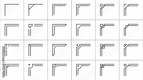 A variety of geometric corner designs arranged in a grid pattern. These designs exhibit a diverse array of lines and angles.