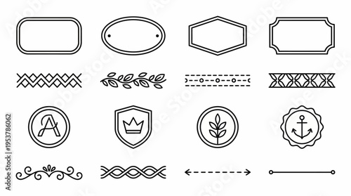 Collection of vintage labels and decorative design elements with detailed outlines, ideal for elegant design projects