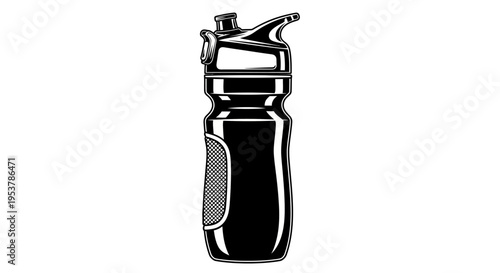 Black sports water bottle with textured grip and flip-top lid, isolated on white background