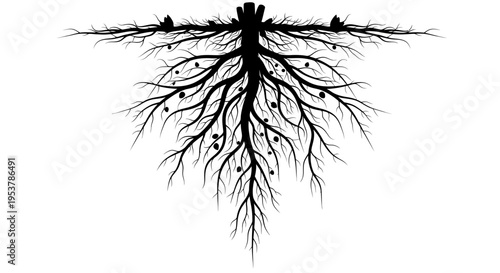 Black Tree Roots System Silhouette on White Background, Intricate Network