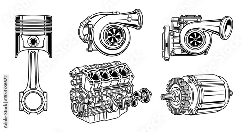 Automotive Engine Parts: Piston, Turbocharger, V8 Engine Block, Electric Motor