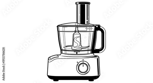 Black and White Food Processor Kitchen Appliance Line Art Illustration