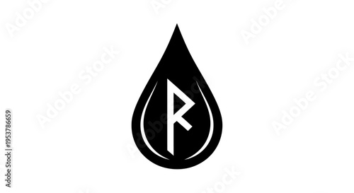 Black Drop with Rune Symbol R, Viking Symbol, Ancient Alphabet, Norse Mythology