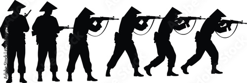 Set of soldier silhouettes in conical hats holding rifles in various combat and standing poses isolated on white background vector