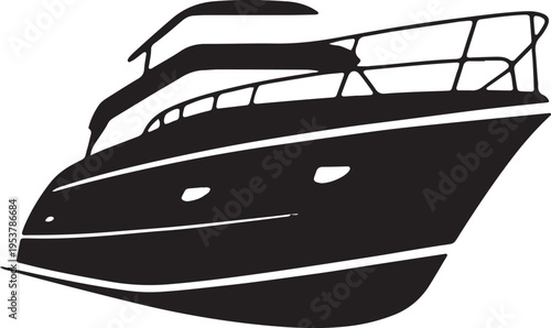 Luxury modern speedboat or power yacht silhouette angled perspective black vector illustration isolated design element.