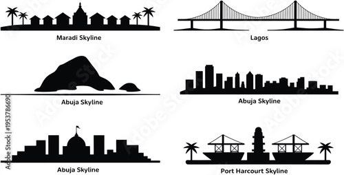 Maradi, Lagos, Abuja and Port Harcourt city skyline silhouettes set vector illustration bundle