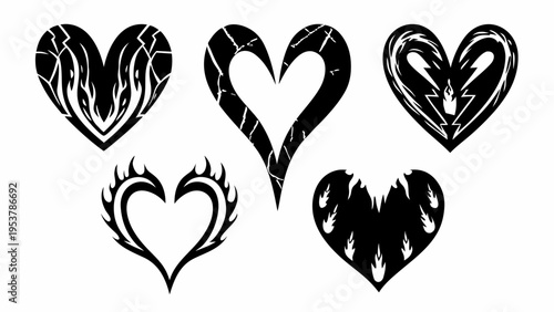A set of black and white heart icons with various designs
