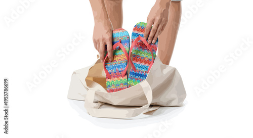 Woman pulling out colorful flip flops from eco-friendly tote bag