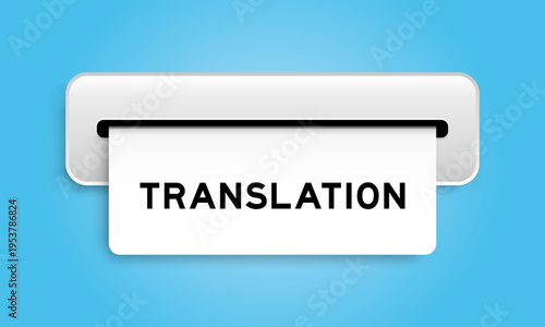 White coupon banner with word translation from machine on blue color background