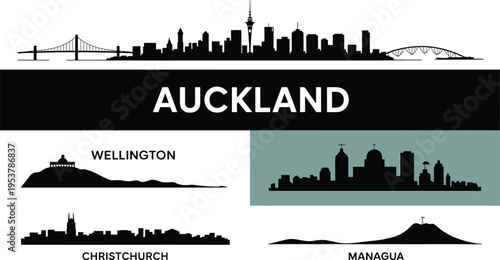 New Zealand cities Auckland, Wellington, Christchurch, and Managua Nicaragua skylines vector