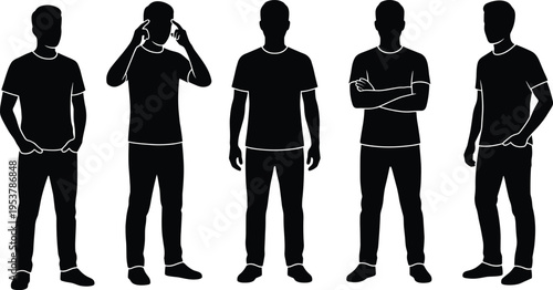 Set of young man silhouettes in casual t-shirt and pants showing different standing poses and thinking gesture isolated on white