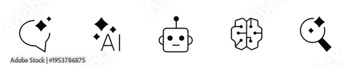 Black and white line art icons depicting artificial intelligence concepts including a human head with a sparkling thought bubble, the letters ai with sparkles, a robot, a brain with circuit connection