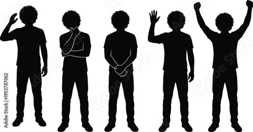 Set of young man silhouettes with curly hair showing different poses including thinking waving celebrating and standing isolated on white