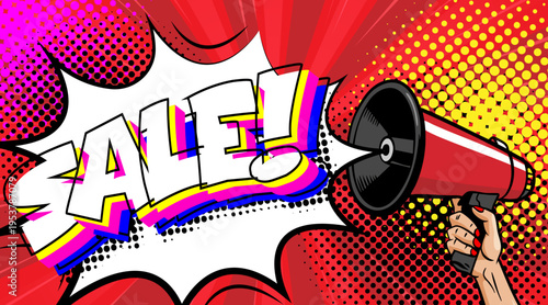 Pop Art Sale Promotion with Megaphone - Retro Comic Book Style Advertisement with Loudspeaker and Colorful Halftone Background
