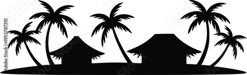Tropical island resort silhouette with palm trees and bungalows isolated on transparent background