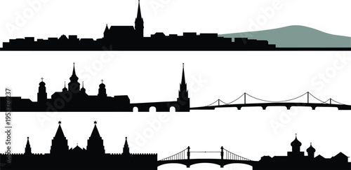 Tropical resort and coastal city silhouettes including palm trees bridges and beach house icons