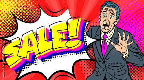 Pop Art Sale Banner with Scared Businessman in Purple Tie - Retro Comic Book Style Advertisement Shocking Deals and Colorful Halftone Background