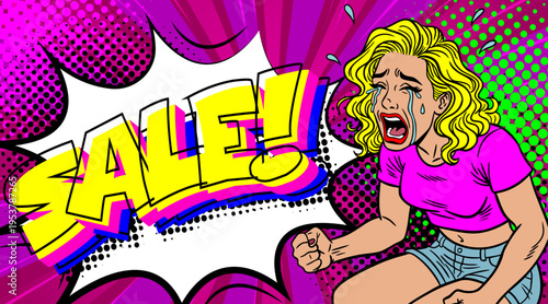 Pop Art Sale Banner with Screaming Woman in Pink Shirt - Retro Comic Book Style Advertisement Exciting Sale and Colorful Halftone Background
