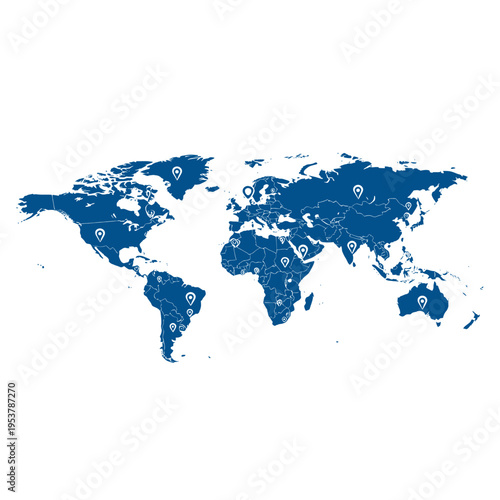 World Map with Location Markers - Global Travel Destinations and International Points of Interest Visualization