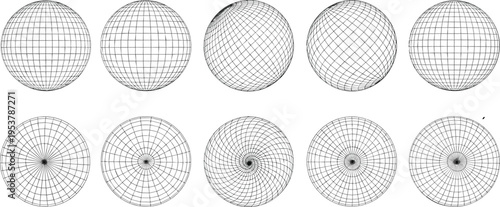 Set of wireframe spheres with grid lines and perspective views abstract geometric vector illustration 3D globe mesh collection