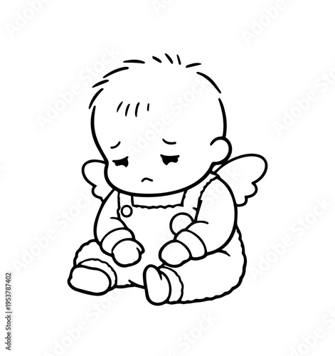 Sad baby angel, depressed cute child character, simple black and white line illustration