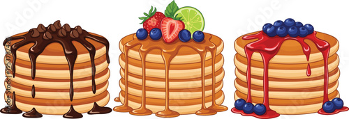 Stacked pancakes with chocolate caramel and berry toppings isolated on white background breakfast dessert vector illustration set