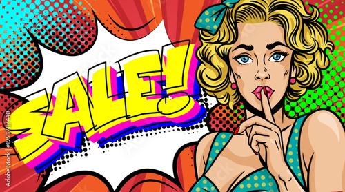 Pop Art Sale Banner with Blonde Woman Making Shh Gesture - Retro Comic Book Style Advertisement Secret Deal and Colorful Halftone Background