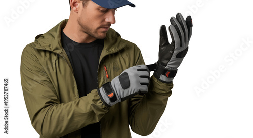 Man wearing protective gloves and outdoor gear for winter sports