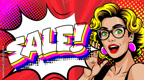 Pop Art Sale Banner with Blonde Woman in Glasses Pointing - Retro Comic Book Style Advertisement and Colorful Halftone Background