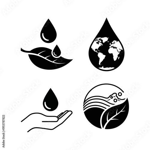 Eco-friendly icons: water drop, leaf, earth, and hand symbolizing nature and sustainability