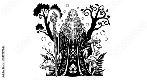 Enchanting Wizard with Staff in Magical Forest with Mushrooms and Ferns