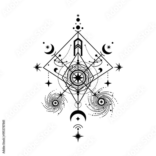 Esoteric Geometric Symbol with Moon, Stars, and Galaxies