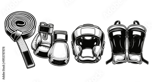 Boxing Gear Set: Gloves, Headgear, Wraps, and Shin Guards - Vintage Illustration