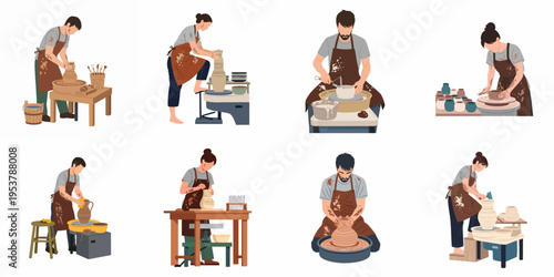 Collection of diverse potters and ceramic artists crafting handmade clay vessels using pottery wheels and various tools, isolated on a white background.