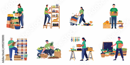 Vector illustration collection of charity volunteers organizing, harvesting, and distributing fresh food, vegetables, and supplies to support people in need.