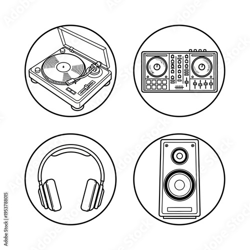 DJ Equipment Icons: Turntable, Mixer, Headphones, Speaker - Black and White Line Art