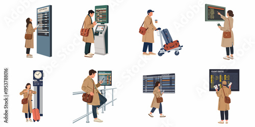 Set of diverse travelers in coats checking flight schedules and moving through an airport terminal, flat vector illustration.